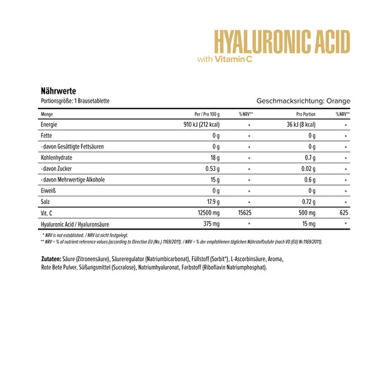 Maxler Hyaluronic Acid with Vitamin C – nutrition facts: Vitamin C 500mg (625% NRV) + Hyaluronic Acid 15mg per tablet, orange flavour, 60 servings, EU compliant