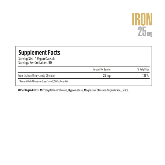 Supplement label with iron content on a white background