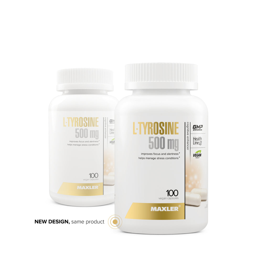 Two bottles of Maxler L-Tyrosine 500 mg on a white background