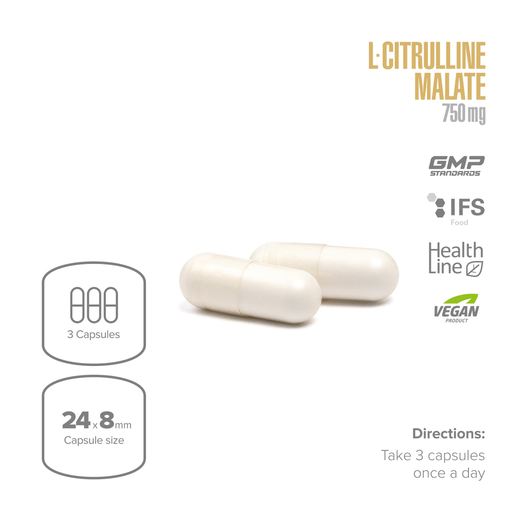 Two capsules of L-Citrulline Malate 750 mg with product details on a white background