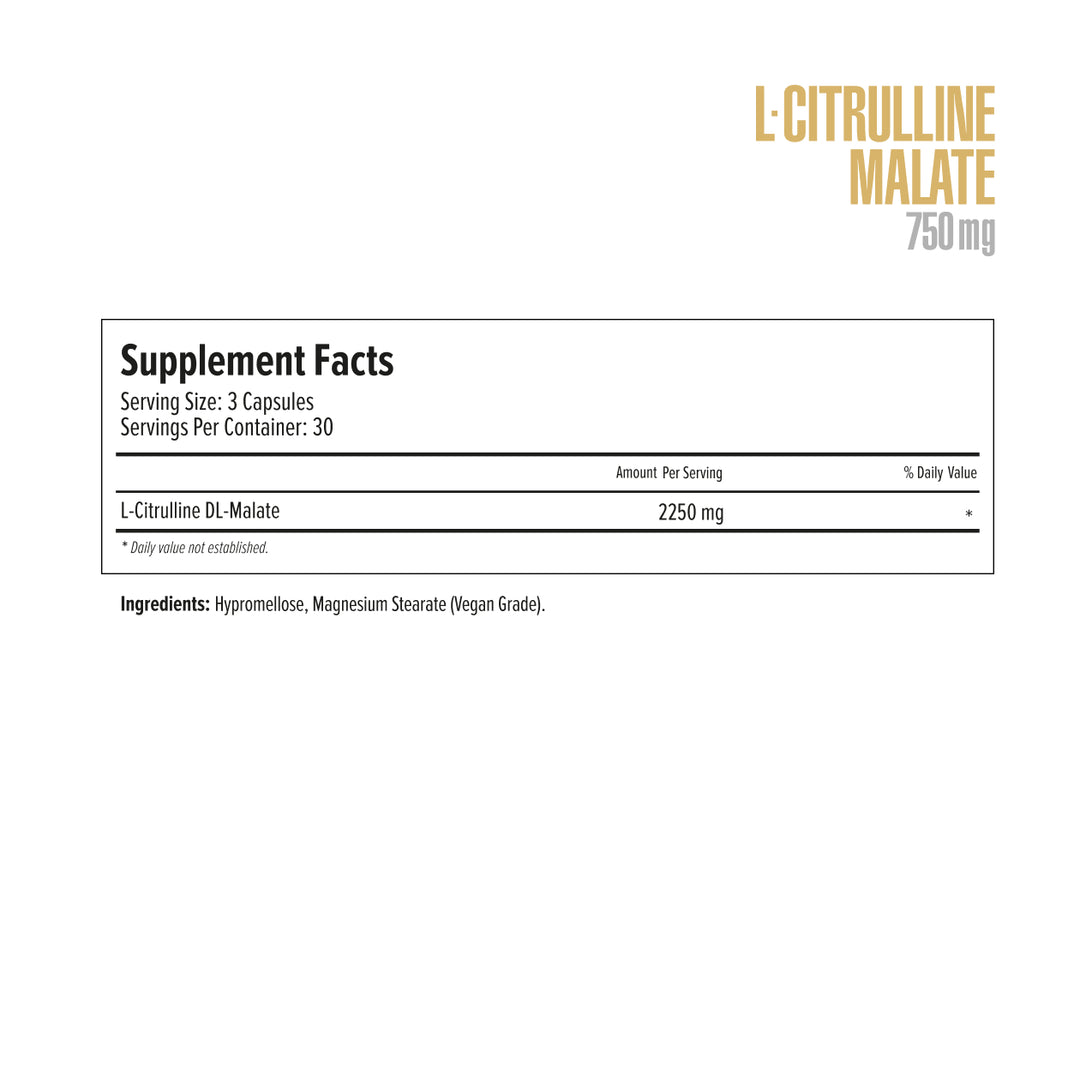 Supplement label for L-Citrulline Malate with serving size and ingredients on a white background
