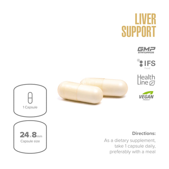 Two capsules with liver support label and product details on a white background