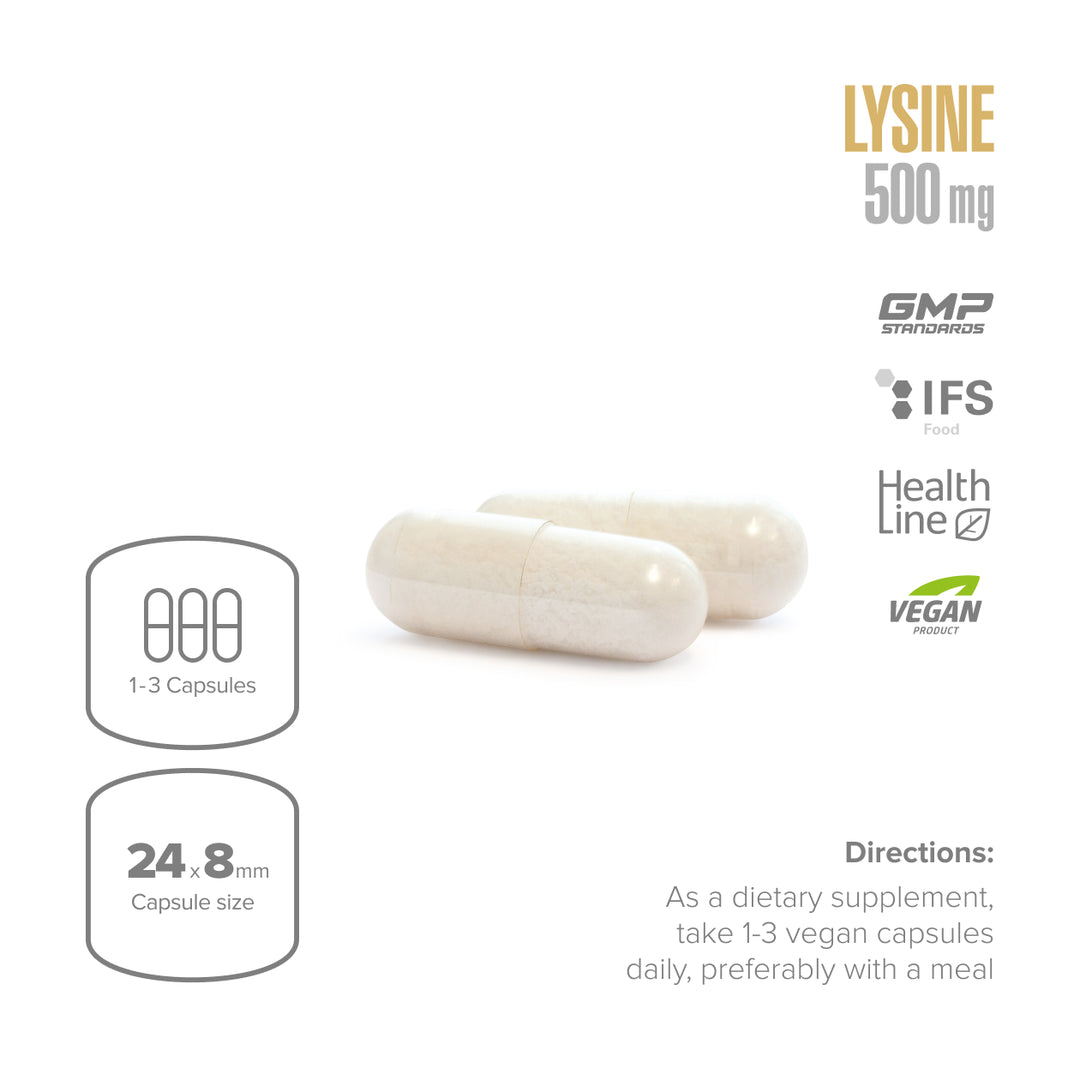 Lysine supplement capsules with label details on a white background