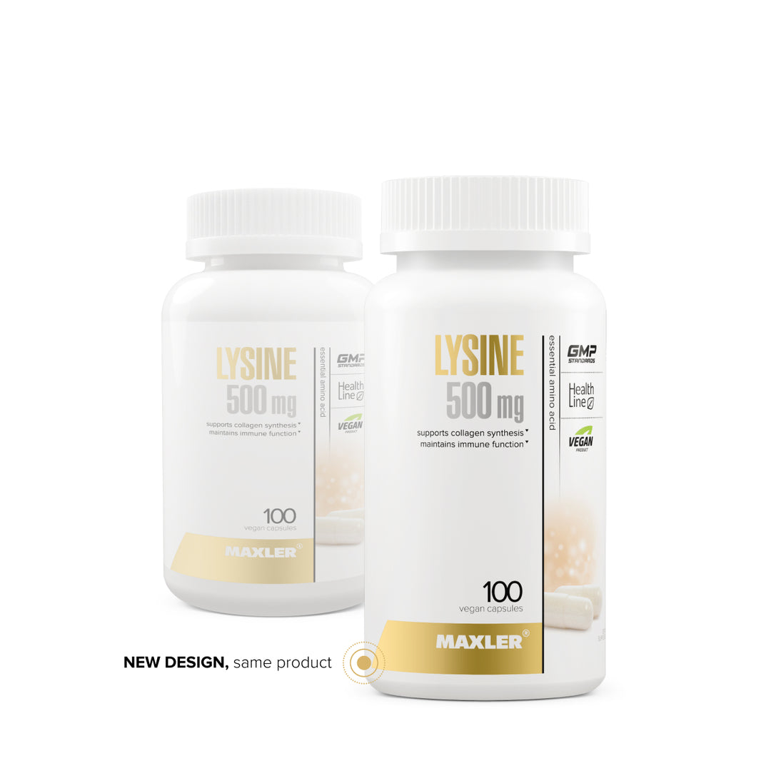 Two bottles of Maxler Lysine supplement on a white background