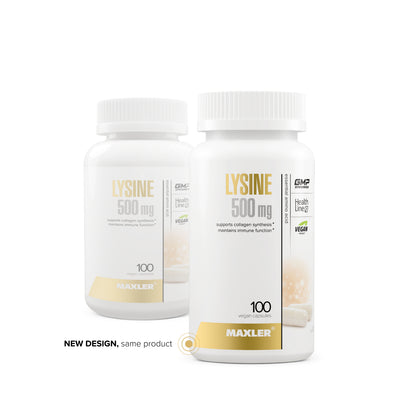 Two bottles of Maxler Lysine supplement on a white background