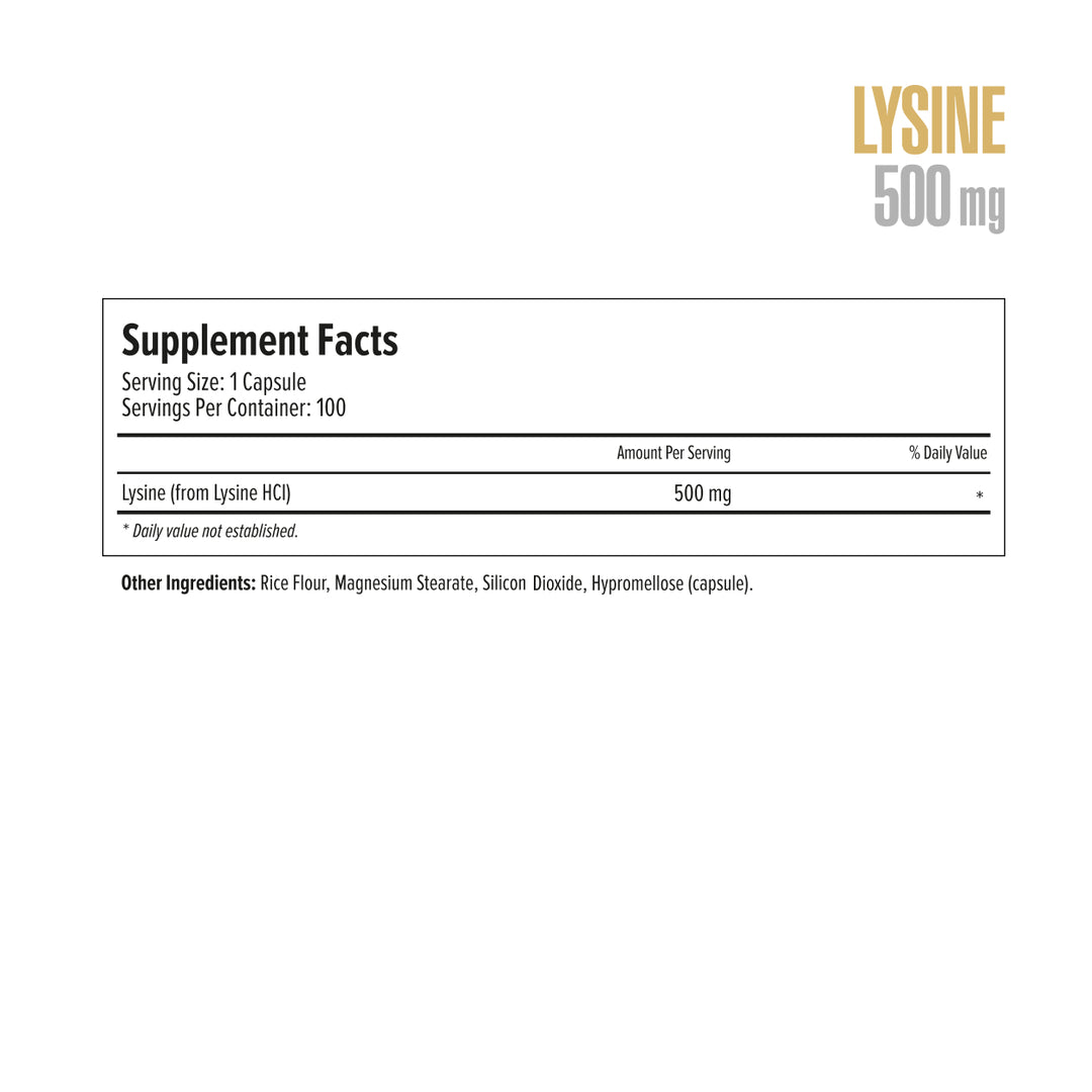 Supplement label for Lysine 500 mg capsules with ingredient list on a white background