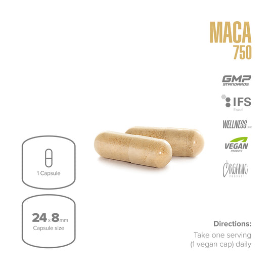 Two maca capsules with product details on a white background