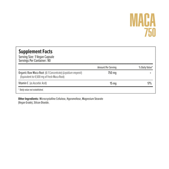 Supplement label for Maca 750 with nutritional information on a white background