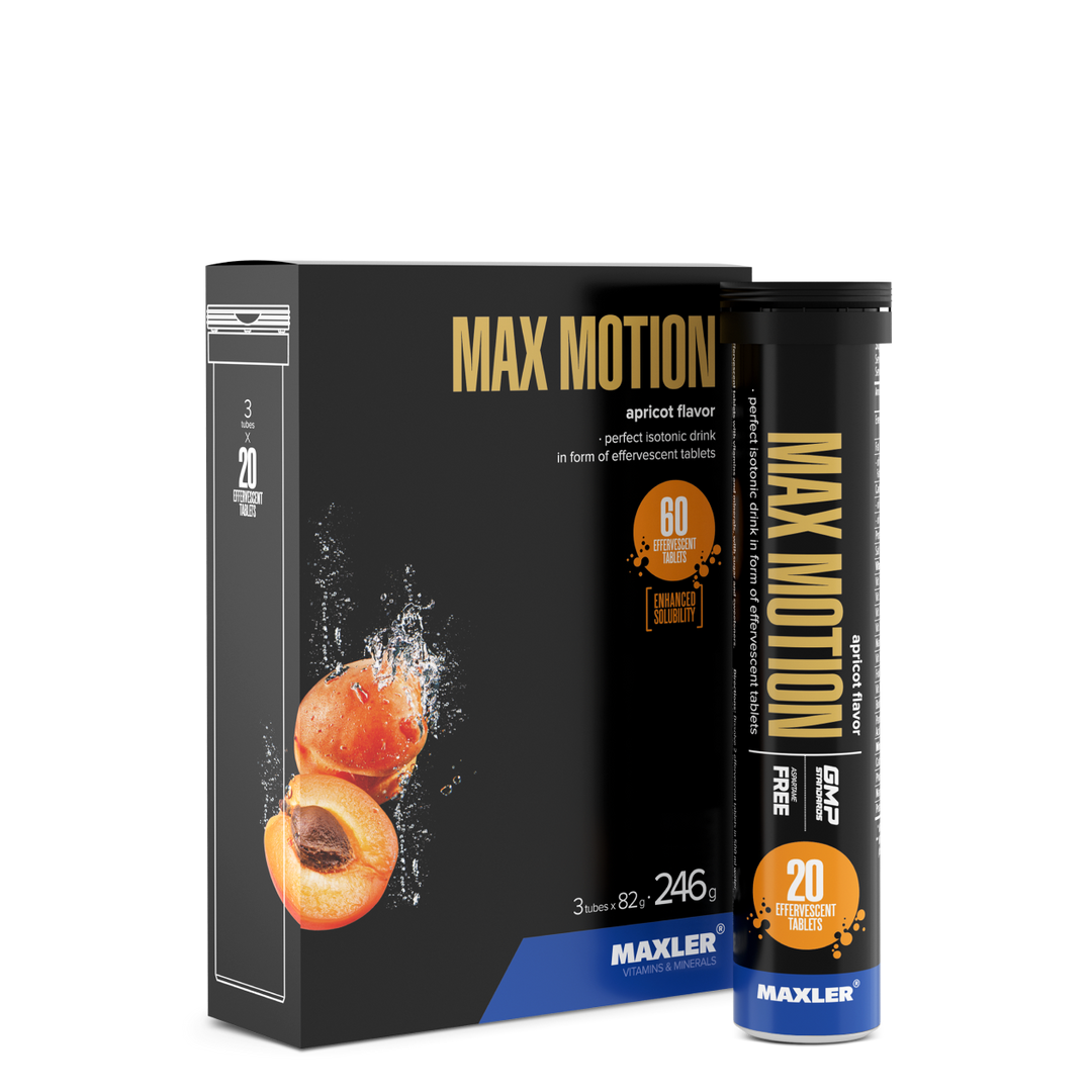 Maxler Max Motion Effervescent Tablets – apricot flavour, 3×20 tablets, 60 effervescent tablets, 246g, isotonic sports drink, enhanced solubility, GMP certified