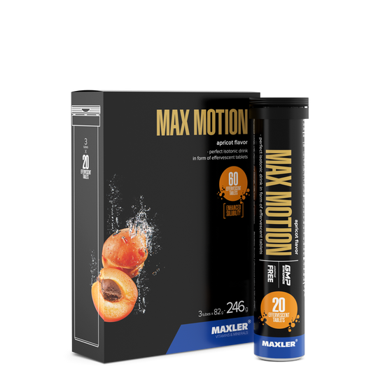 Maxler Max Motion Effervescent Tablets – apricot flavour, 3×20 tablets, 60 effervescent tablets, 246g, isotonic sports drink, enhanced solubility, GMP certified