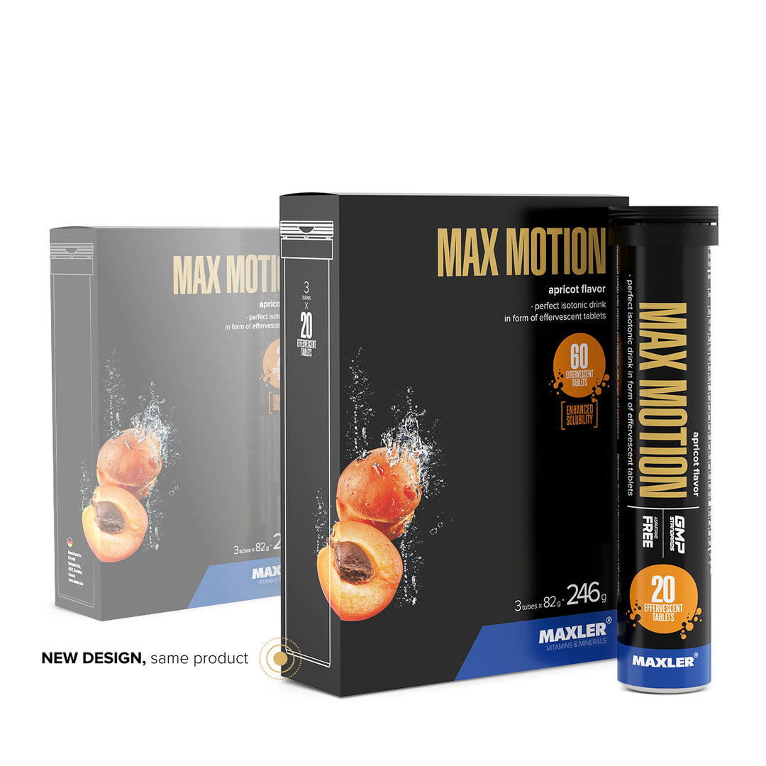 Maxler Max Motion Effervescent Tablets – apricot flavour, new packaging design, 3 tubes × 20 tablets, 246g, isotonic drink, aspartame free, GMP certified