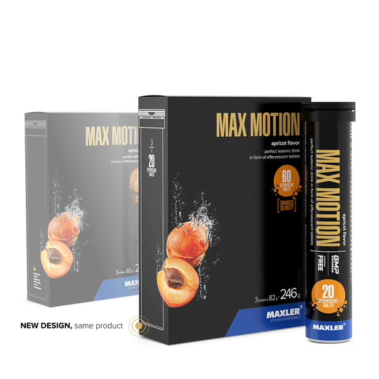 Maxler Max Motion Effervescent Tablets – apricot flavour, new packaging design, 3 tubes × 20 tablets, 246g, isotonic drink, aspartame free, GMP certified