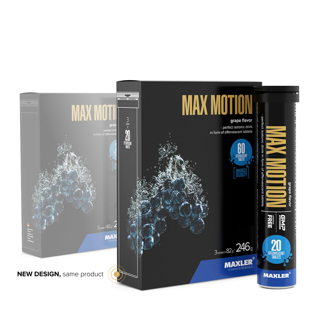 Maxler Max Motion Effervescent Tablets – grape flavour, new packaging design, 3 tubes × 20 tablets, 246g, aspartame free, GMP certified