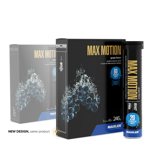 Maxler Max Motion Effervescent Tablets – grape flavour, new packaging design, 3 tubes × 20 tablets, 246g, aspartame free, GMP certified