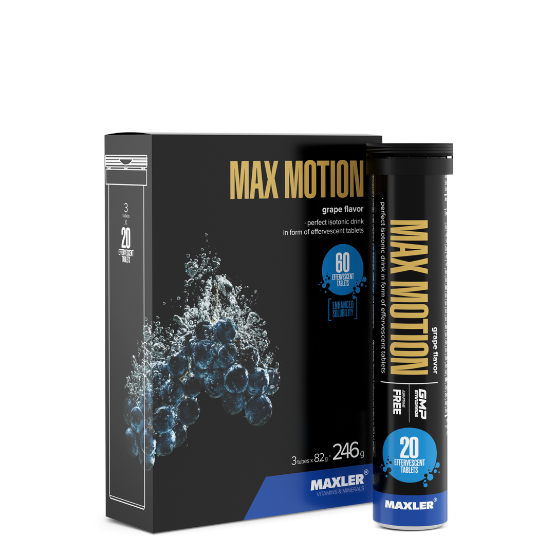 Maxler Max Motion Effervescent Tablets – grape flavour, 3×20 effervescent tablets, 246g, isotonic sports drink, enhanced solubility, GMP certified