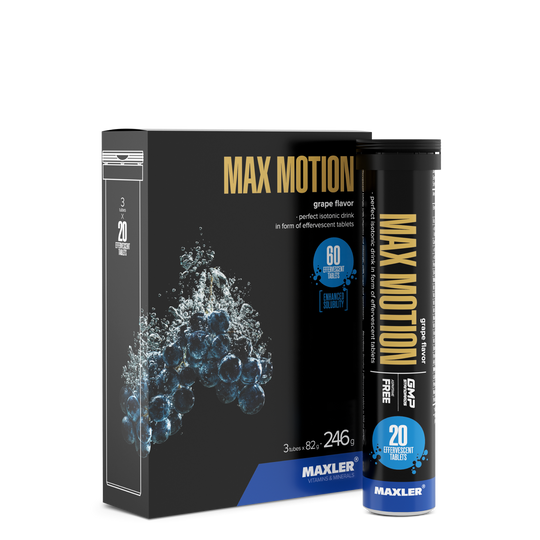 Maxler Max Motion Effervescent Tablets – grape flavour, 3×20 effervescent tablets, 246g, isotonic sports drink, enhanced solubility, GMP certified