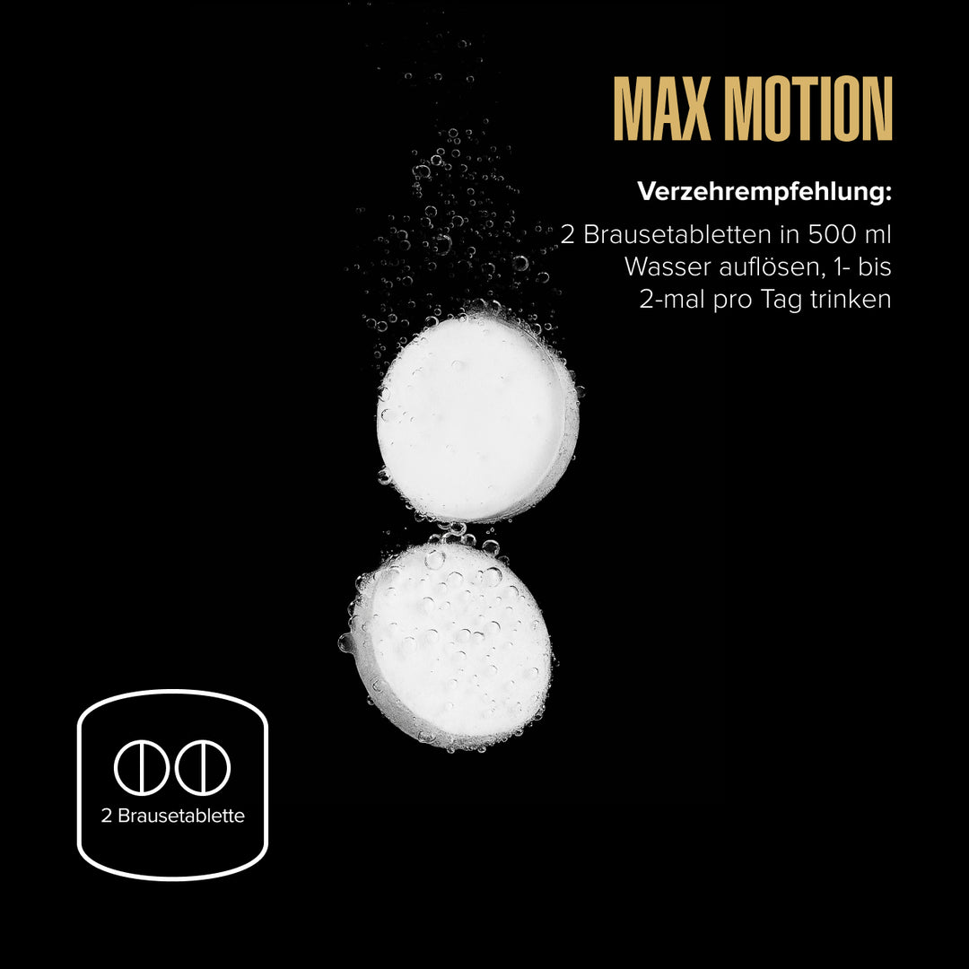 Maxler Max Motion Effervescent Tablets – 2 tablets dissolved in 500ml water, 1–2 times daily, isotonic vitamin and mineral drink for hydration and recovery
