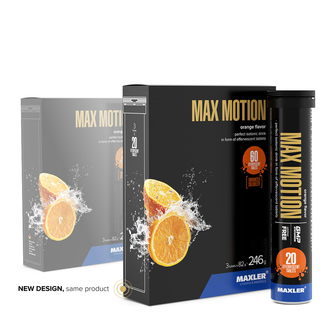Maxler Max Motion Effervescent Tablets – orange flavour, new packaging design, 3 tubes × 20 tablets, 246g, aspartame free, GMP certified