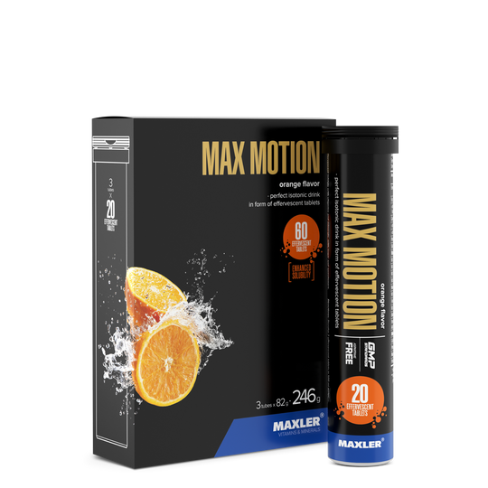 Maxler Max Motion Effervescent Tablets – orange flavour, 3×20 effervescent tablets, 246g, isotonic sports drink, enhanced solubility, GMP certified