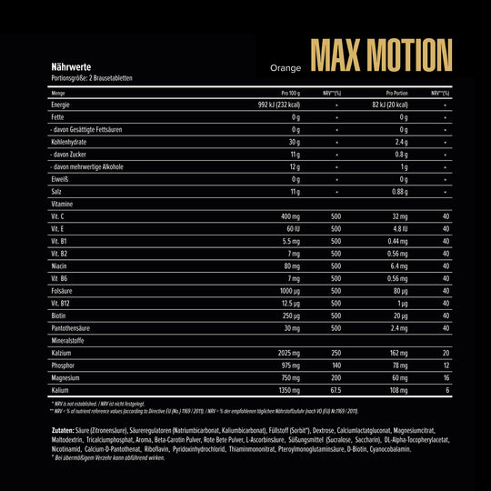 Maxler Max Motion Effervescent Tablets – nutrition facts: Vitamin C 32mg, B-complex, Calcium 162mg, Magnesium 60mg, Potassium 108mg per 2 tablets, orange flavour, 60 servings, EU compliant