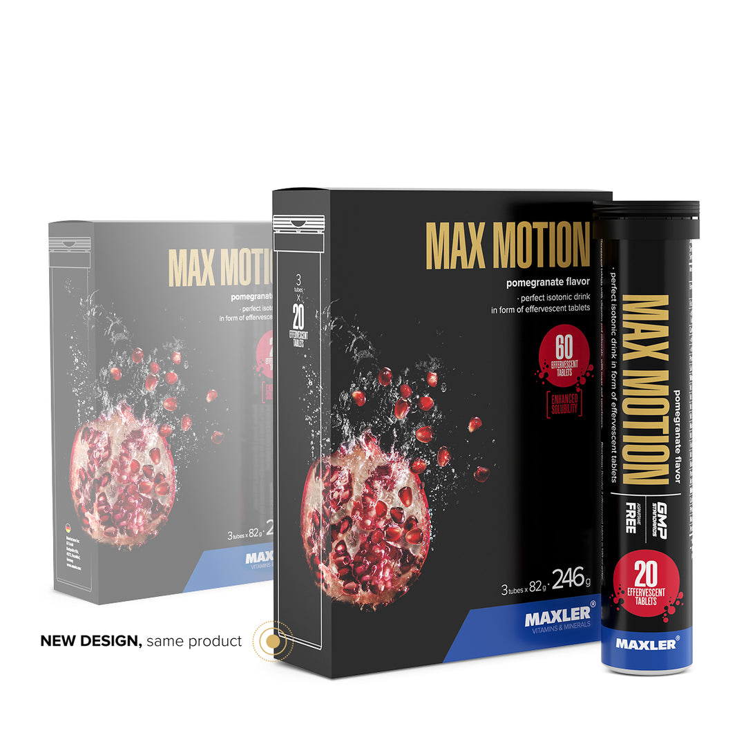 Maxler Max Motion Effervescent Tablets – pomegranate flavour, new packaging design, 3 tubes × 20 tablets, 246g, isotonic drink, aspartame free, GMP certified
