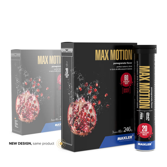 Maxler Max Motion Effervescent Tablets – pomegranate flavour, new packaging design, 3 tubes × 20 tablets, 246g, isotonic drink, aspartame free, GMP certified
