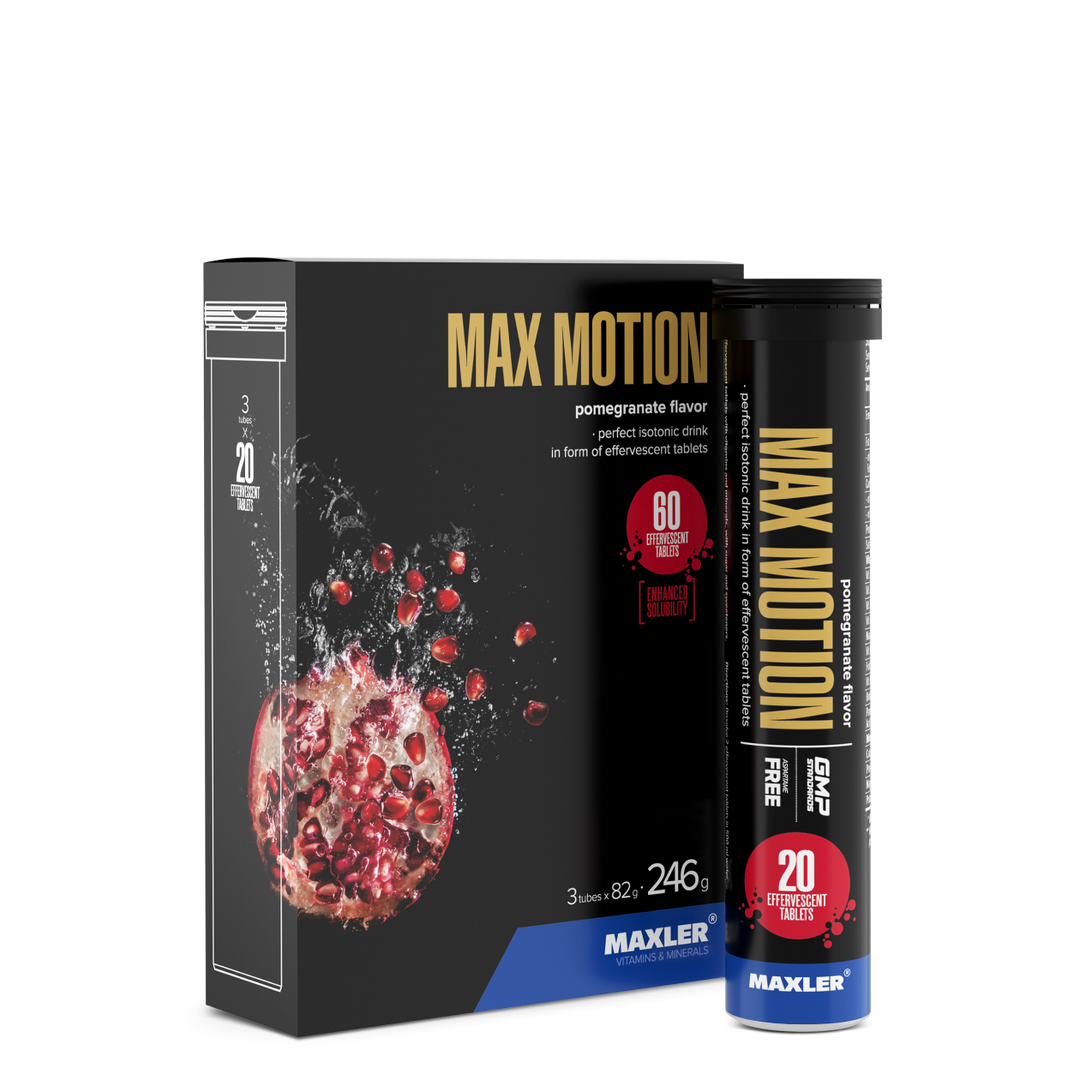 Maxler Max Motion Effervescent Tablets – pomegranate flavour, 3×20 tablets, 60 effervescent tablets, 246g, isotonic sports drink, enhanced solubility, GMP certified