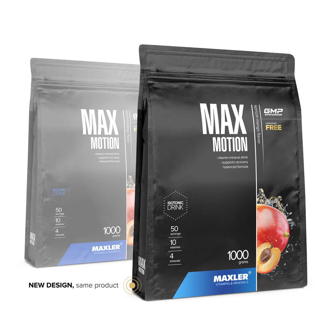Maxler Max Motion – apricot-mango flavour, 1000g bag, new packaging design, isotonic drink powder, 50 servings, aspartame free, GMP certified