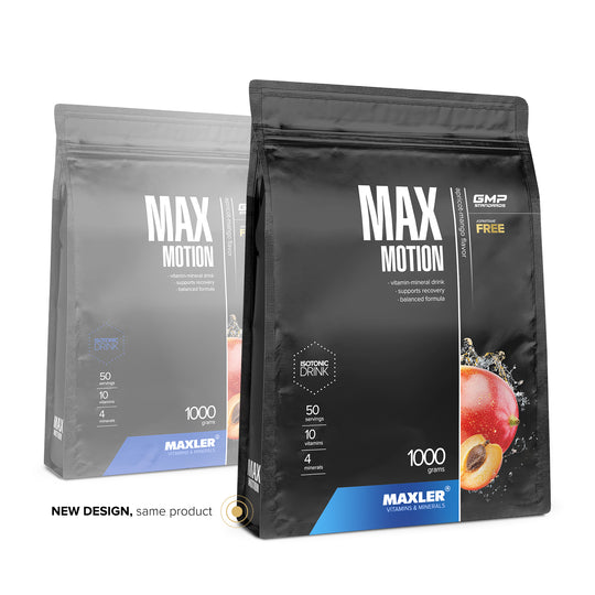 Maxler Max Motion – apricot-mango flavour, 1000g bag, new packaging design, isotonic drink powder, 50 servings, aspartame free, GMP certified