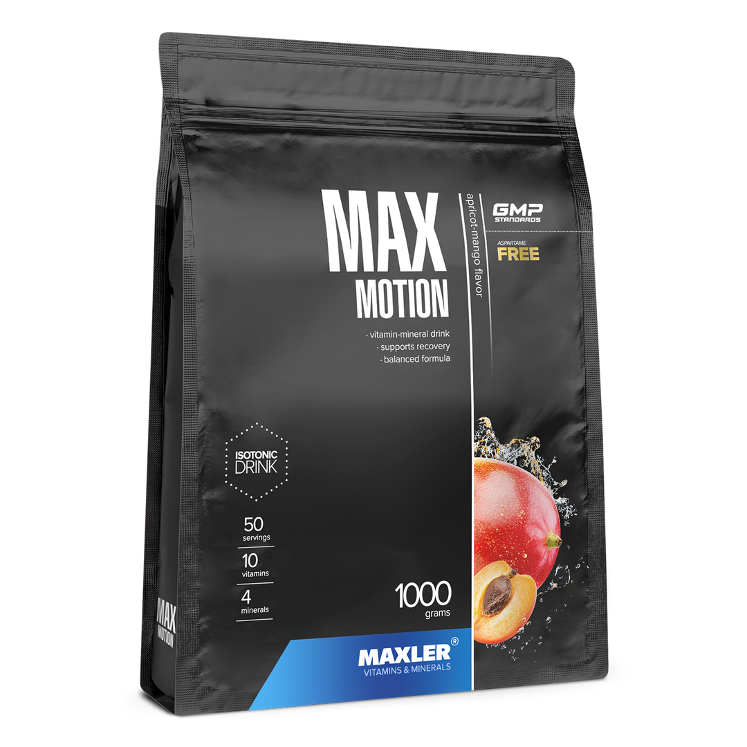 Maxler Max Motion – apricot-mango flavour, 1000g bag, isotonic drink powder, 50 servings, 10 vitamins & 4 minerals, aspartame free, GMP certified