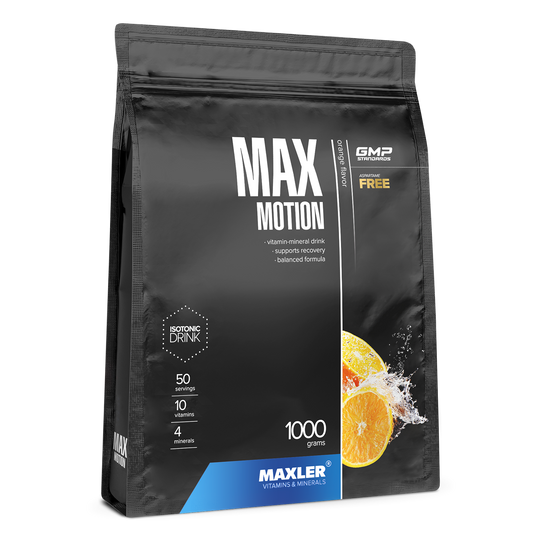 Maxler Max Motion – orange flavour, 1000g bag, isotonic drink powder, 50 servings, 10 vitamins & 4 minerals, aspartame free, GMP certified