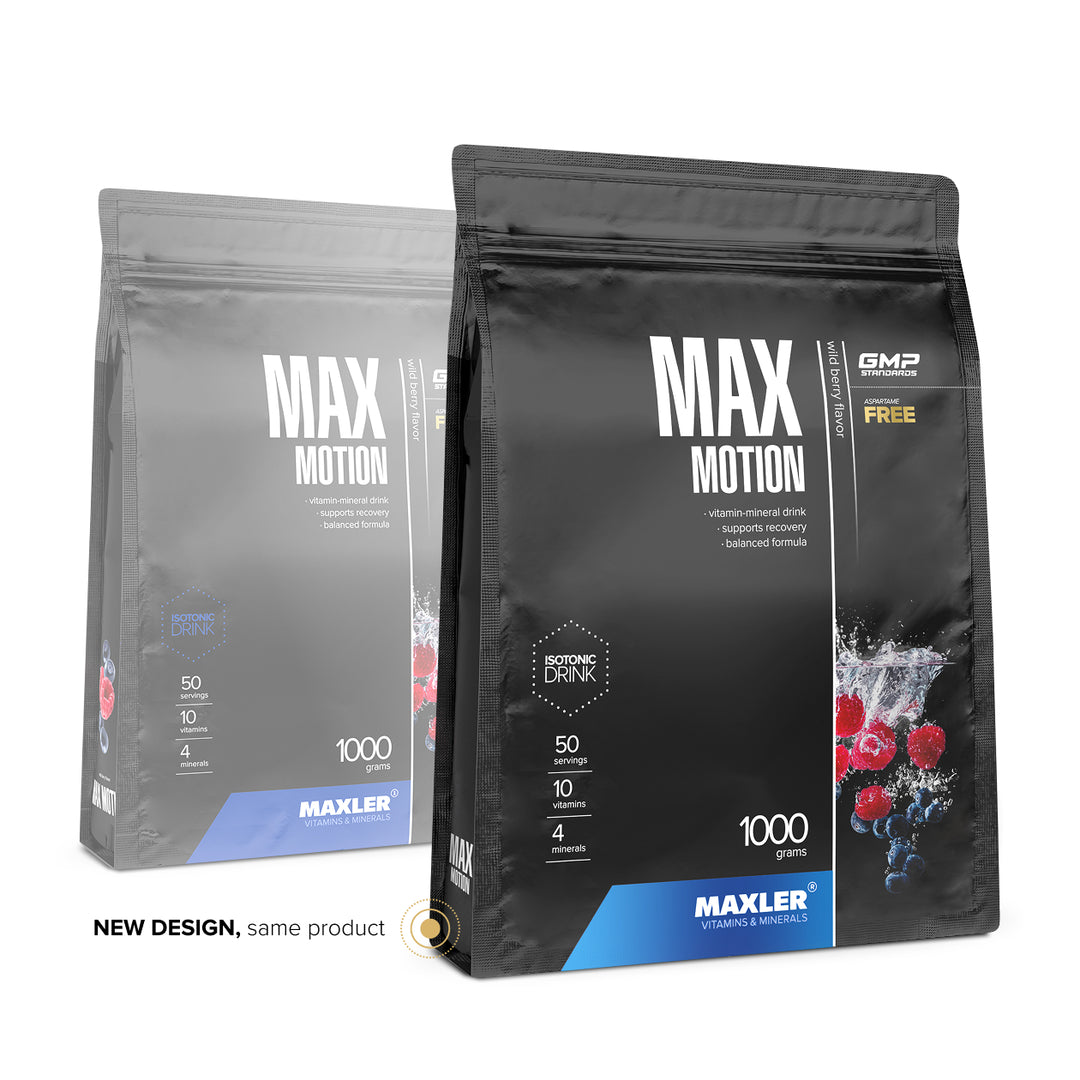 Maxler Max Motion – wild berry flavour, 1000g bag, new packaging design, isotonic drink powder, 50 servings, aspartame free, GMP certified
