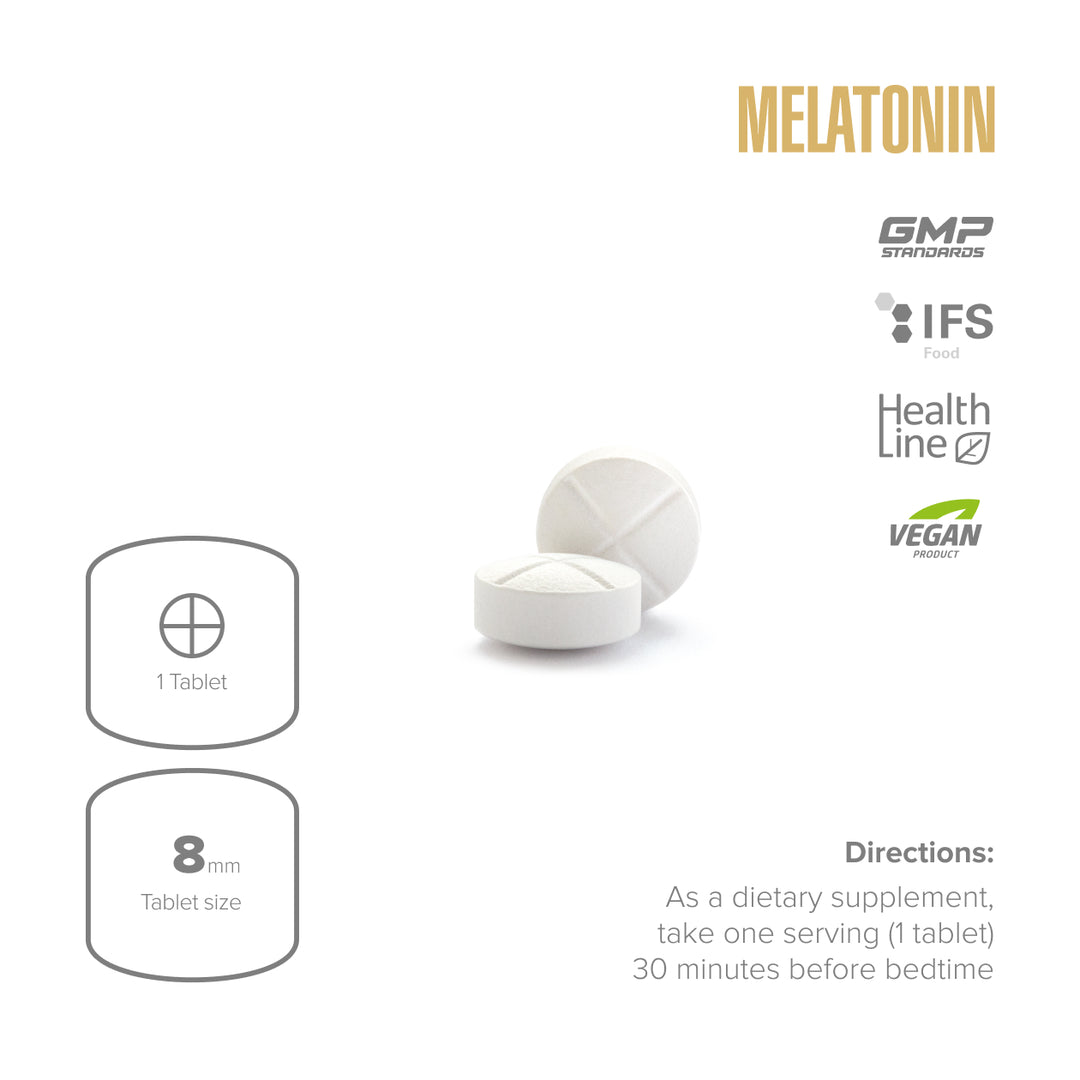 Melatonin supplement packaging with tablets and certification logos on a white background