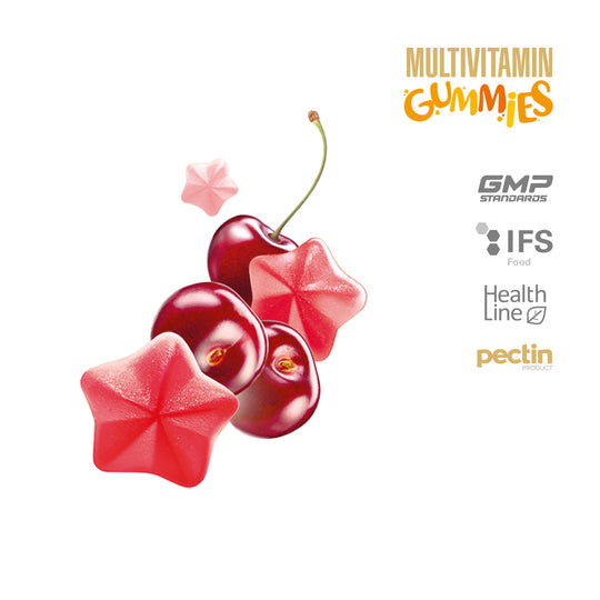 Multivitamin gummies shaped like cherries on a white background with certification logos.