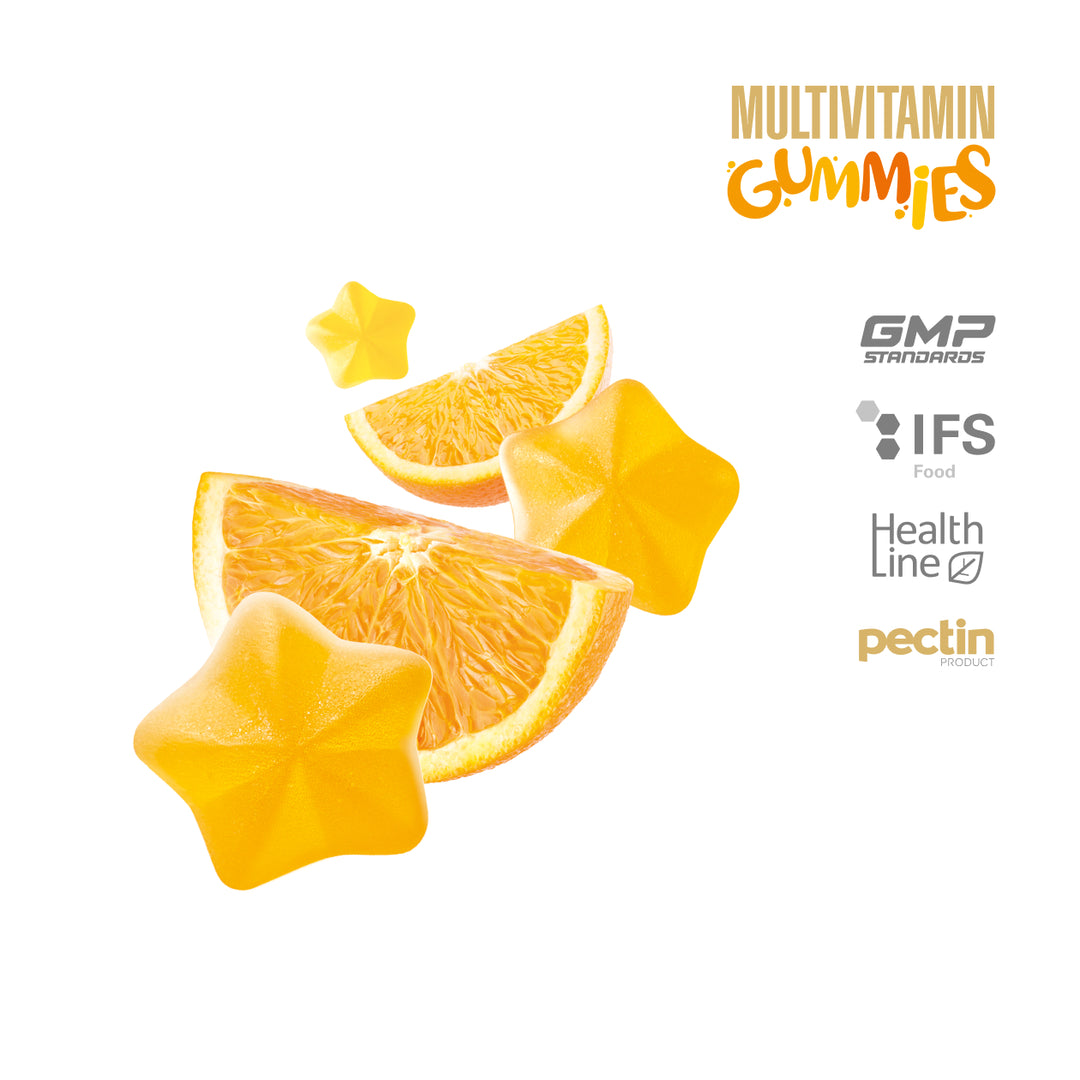 Multivitamin gummies shaped like orange slices and stars on a white background with certification logos.