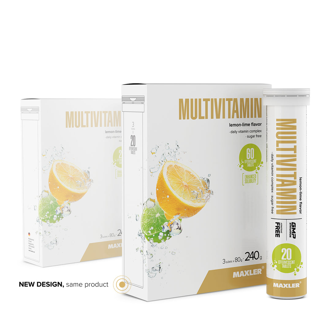 Maxler Multivitamin Effervescent Tablets – lemon-lime flavour, new packaging design, 3 tubes × 20 tablets, 240g, GMP certified