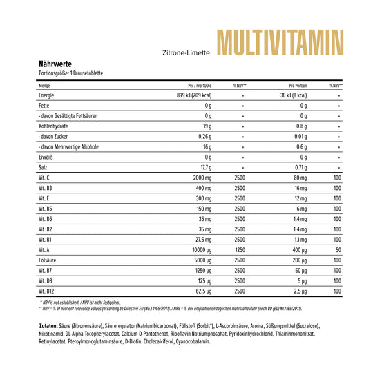 Maxler Multivitamin Effervescent Tablets – nutrition facts: Vitamin C 80mg, B-complex, D3 5µg, E 12mg per tablet, lemon-lime flavour, 60 servings, EU compliant