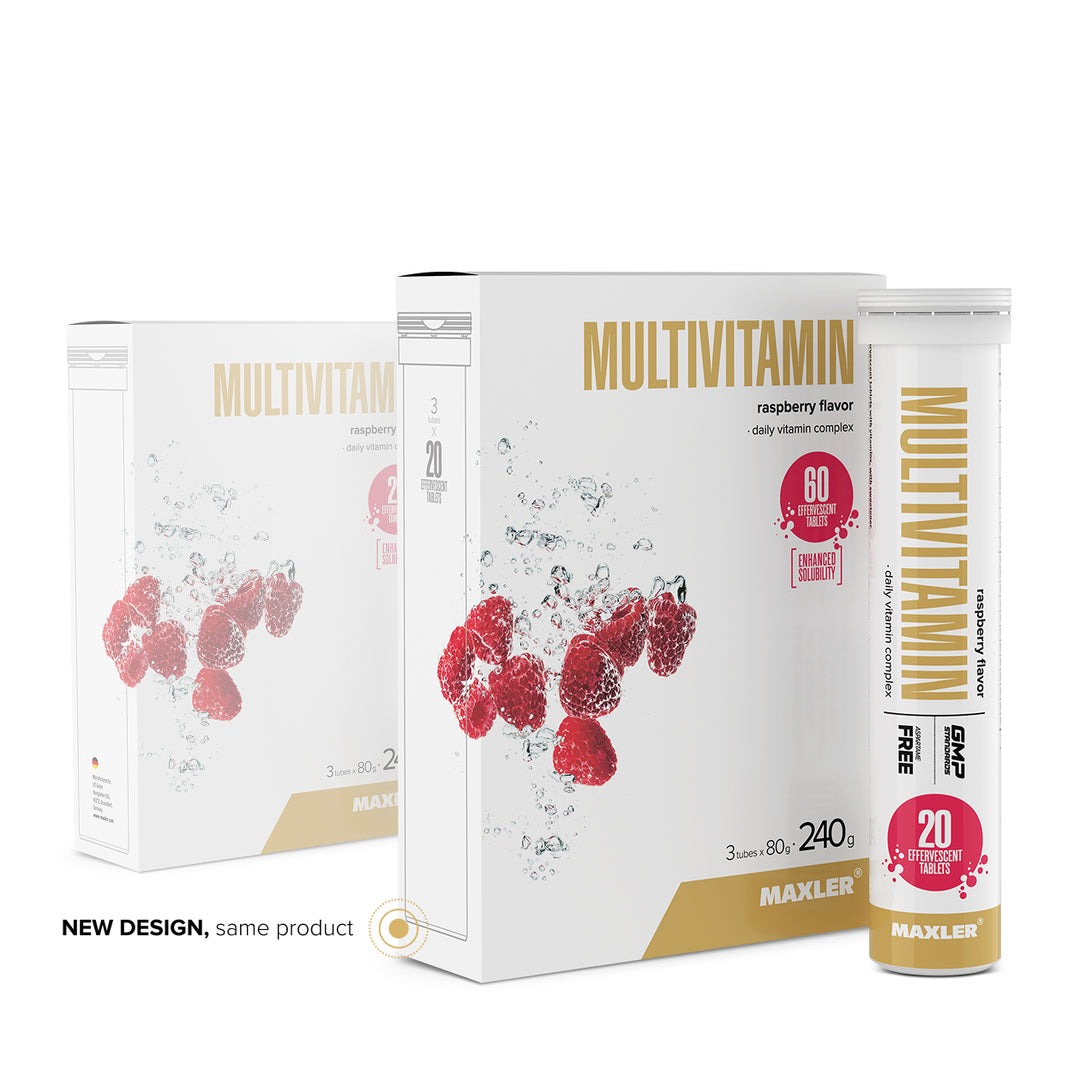 Maxler Multivitamin Effervescent Tablets – raspberry flavour, new packaging design, 3 tubes × 20 tablets, daily vitamin complex, GMP & IFS certified