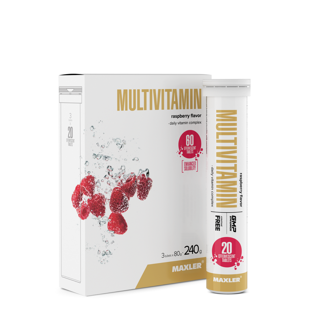 Maxler Multivitamin Effervescent Tablets – raspberry flavour, 3×20 tablets daily vitamin complex, aspartame-free, GMP certified, enhanced solubility