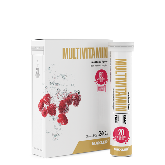 Maxler Multivitamin Effervescent Tablets – raspberry flavour, 3×20 tablets daily vitamin complex, aspartame-free, GMP certified, enhanced solubility
