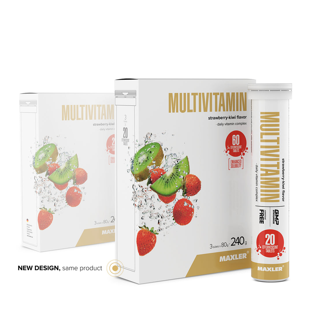 Maxler Multivitamin Effervescent Tablets – strawberry-kiwi flavour, new packaging design, 3 tubes × 20 tablets, 240g, daily vitamin complex, GMP certified
