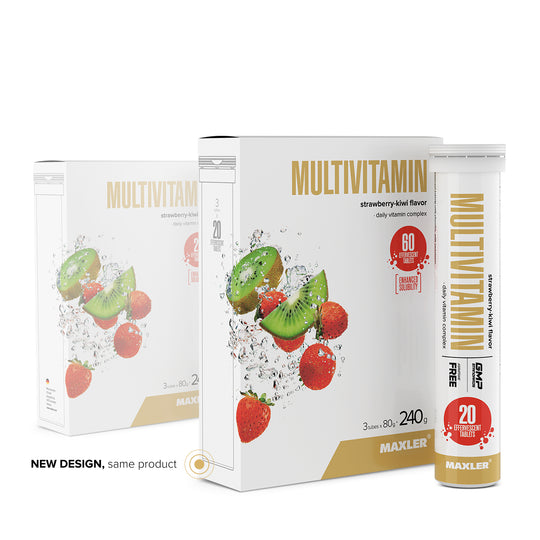 Maxler Multivitamin Effervescent Tablets – strawberry-kiwi flavour, new packaging design, 3 tubes × 20 tablets, 240g, daily vitamin complex, GMP certified
