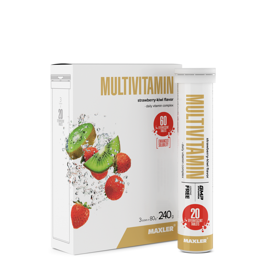 Maxler Multivitamin Effervescent Tablets – strawberry-kiwi flavour, 3×20 tablets daily vitamin complex, 60 effervescent tablets, aspartame-free, GMP certified