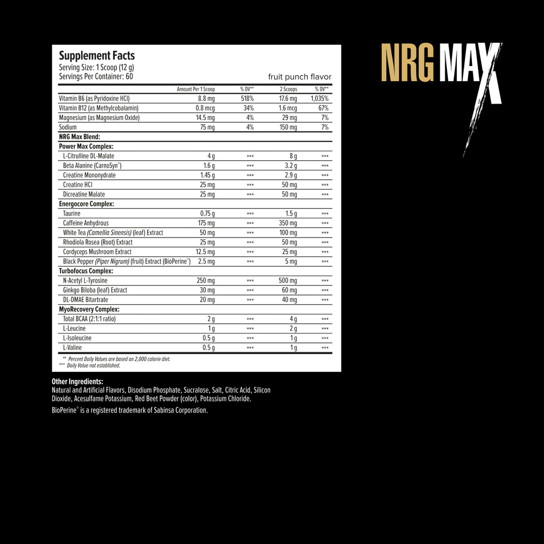 Supplement facts label for NRG MAX with detailed ingredient list on a white background.