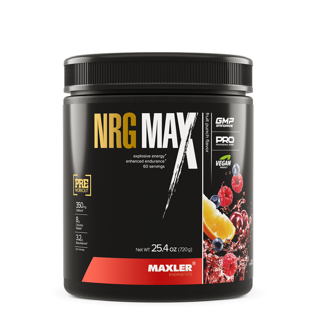Maxler NRG MAX supplement container on a white background. Fruit Punch