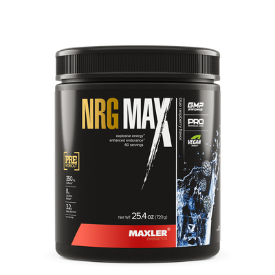 Maxler NRG MAX supplement container on a white background. Raspberry