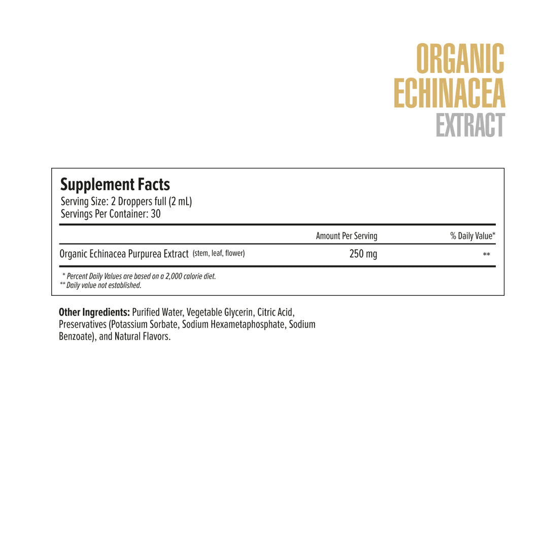 Supplement facts label for Organic Echinacea Extract on a white background