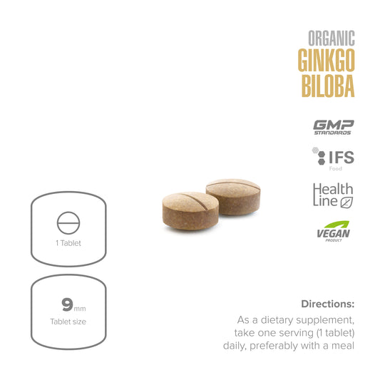 Two tablets with organic ginkgo biloba label and certification logos on a white background