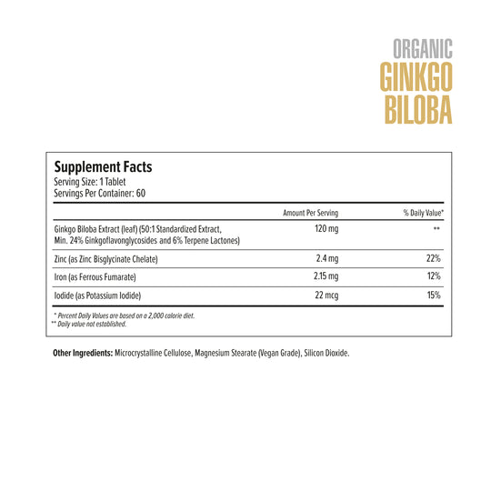 Supplement facts label for Organic Ginkgo Biloba on a white background