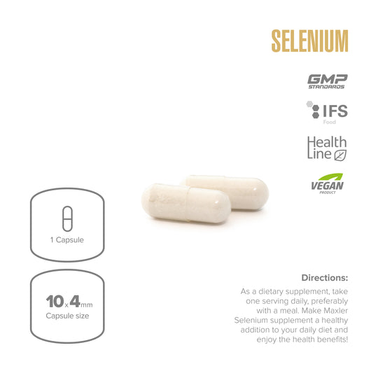 Two selenium capsules with product details on a white background